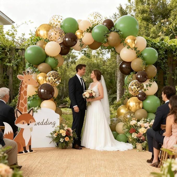Zesliwy Sage Green Brown Balloons Set,50pcs 12inch Retro Green Dark Brown Nude Balloon and Tan Metallic Gold with Confetti Balloon for Jungle Safari Hunting Woodland Forest Birthday Party Decoration