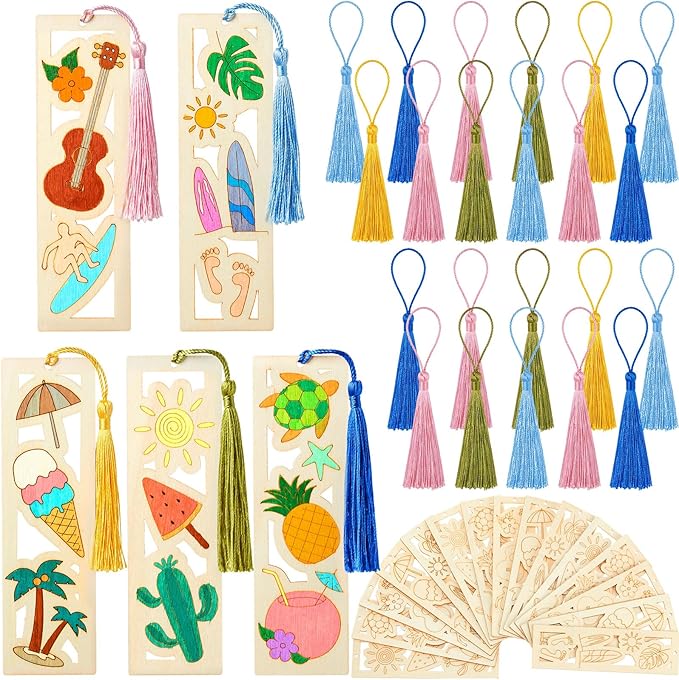 Yexiya 100 Pcs Bulk DIY Wooden Bookmarks Kit - 50 Set Tropical Hawaii Unfinished Wood Crafts with 50 Colorful Tassels for Classroom Rewards, Student Gifts, Summer Camp, Luau Party Favors, Art Projects