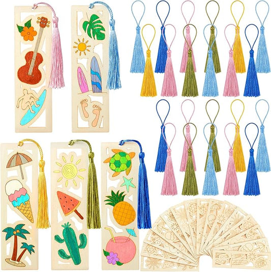 Yexiya 100 Pcs Bulk DIY Wooden Bookmarks Kit - 50 Set Tropical Hawaii Unfinished Wood Crafts with 50 Colorful Tassels for Classroom Rewards, Student Gifts, Summer Camp, Luau Party Favors, Art Projects