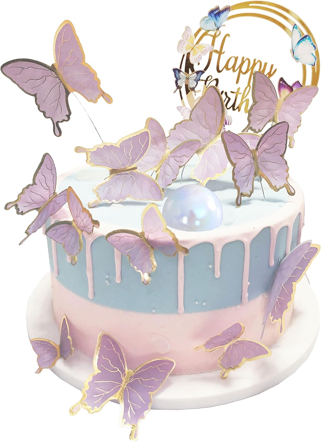 Purple Gold Butterfly Cake Toppers Decorations - 1 Big Acrylic Happy Birthday Cake Topper & 15Pcs 3D Butterfly Cupcake Toppers - Perfect for Women Girl's Birthday