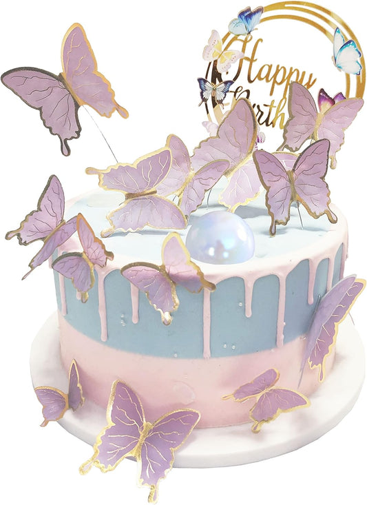Purple Gold Butterfly Cake Toppers Decorations - 1 Big Acrylic Happy Birthday Cake Topper & 15Pcs 3D Butterfly Cupcake Toppers - Perfect for Women Girl's Birthday
