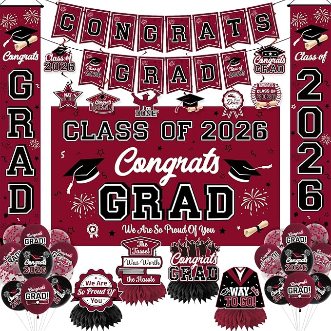 Graduation Decorations Class of 2026 Maroon Graduation Party Decor Set include Congrats Grad Banner Backdrop Class of 2026 Balloons Party Supplies