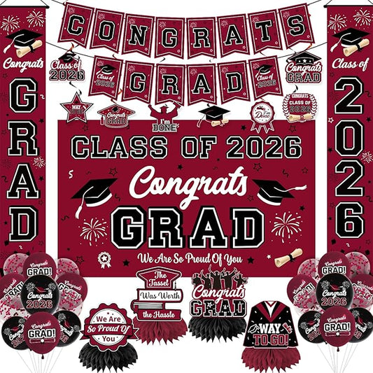 Graduation Decorations Class of 2026 Maroon Graduation Party Decor Set include Congrats Grad Banner Backdrop Class of 2026 Balloons Party Supplies