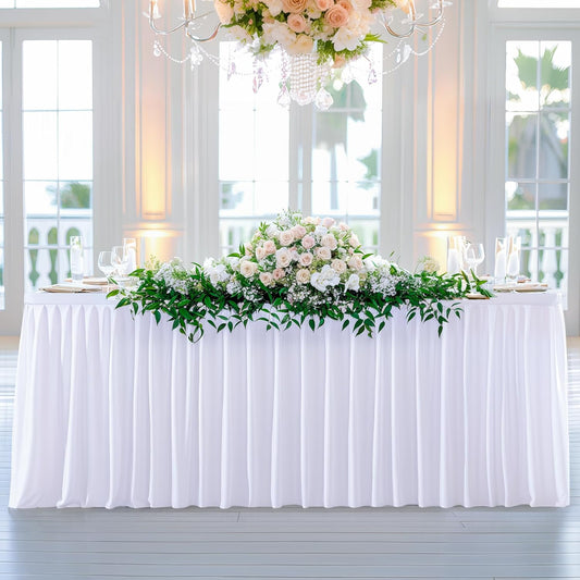 White Table Clothes for Rectangle Tables 6ft, Wrinkle Resistant Fitted Table Cloth with Pleated Ruffle Skirts for Banquet Wedding Baby Shower Folding Table
