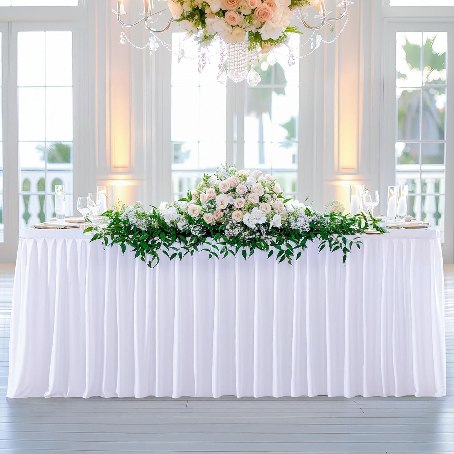 White Polyester Table Clothes for 8 Foot Rectangle Tables, Wrinkle Free Fitted Table Cover with Pleated Ruffle Table Skirt for Birthday Party Wedding Trade Show Event Display