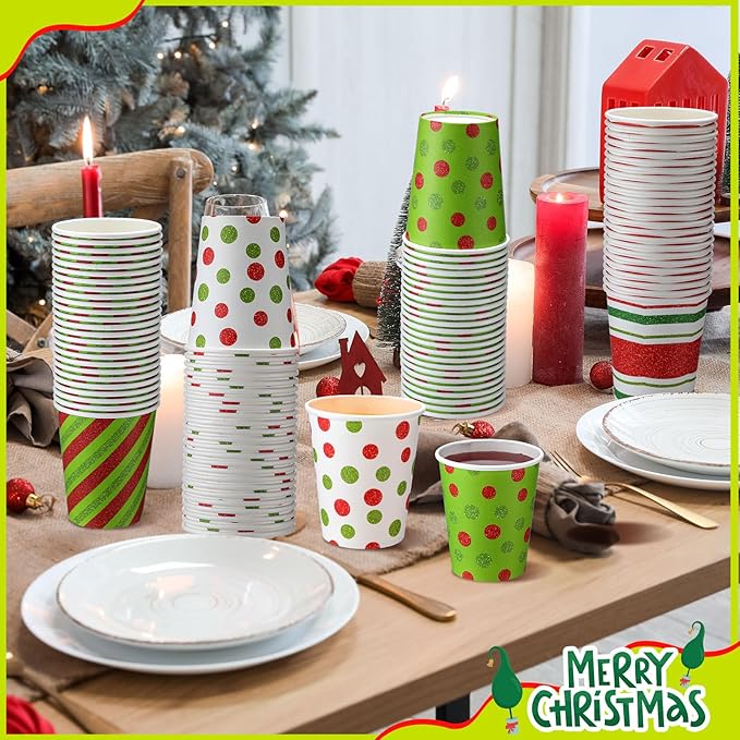 Funtery 100 Pieces Christmas Paper Cups Xmas Disposable Coffee Cups Red and Green Polka Dot Striped Christmas Cup Christmas Cups 9 oz Drinking Tea Paper Cups Christmas Cups for Daily Use Holiday Party