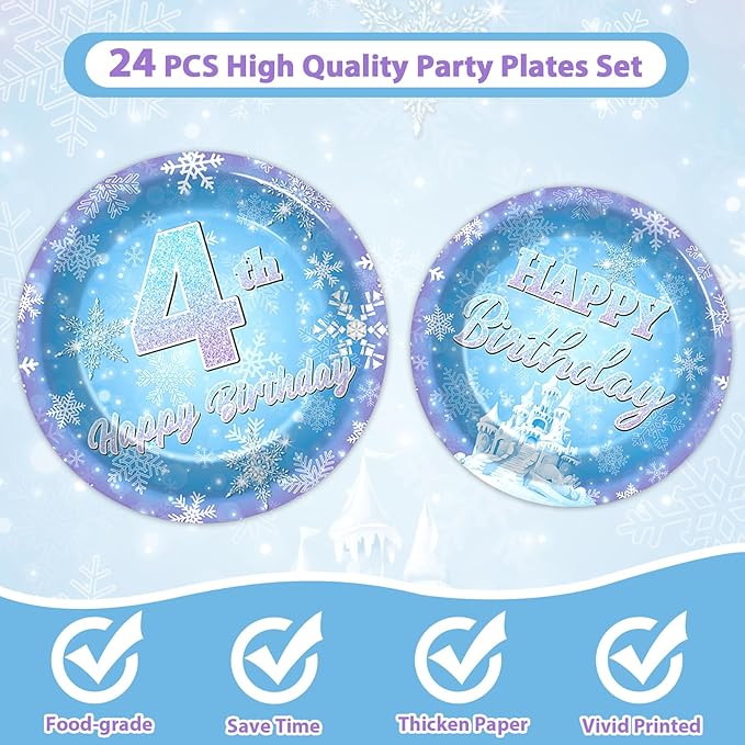 Snowflake Winter Wonderland 4th Birthday Paper Plates Napkins Forks Disposable Dinnerware Happy 4th Birthday Blue and Purple Winter Snowflake Tableware for Kids Christmas onderland Party Decorations