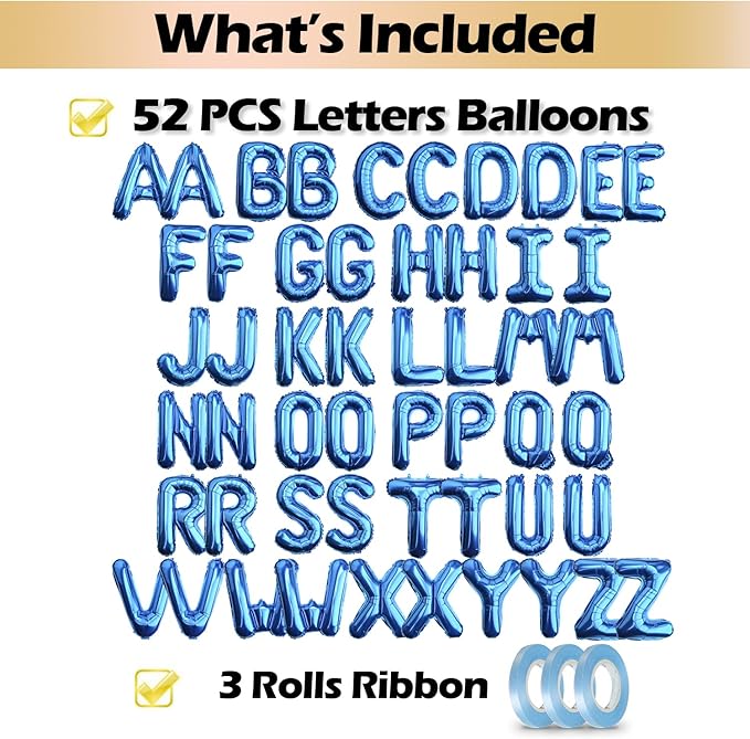 [52 PCS] 16" Foil Blue Letter Balloons 2 Sets of A-Z, Mylar Aluminum Hanging Alphabet for Graduation New Year eve Birthday Party Decorations