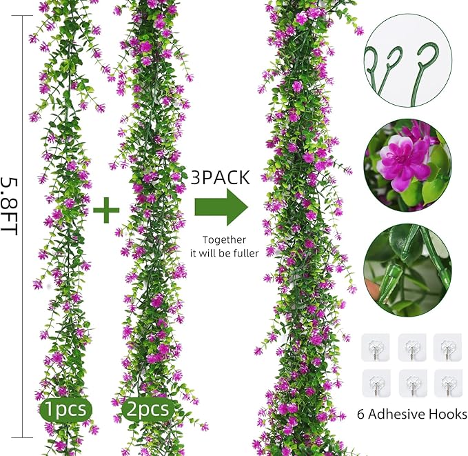 Hanging Garland Plants Artificial Flowers Fake Eucalyptus Greenery Garlands Leaf Garland with Flowers Hanging Faux Vine Plants for Spring Wedding Arch Backdrop Home Wall Party Decor 3 Pcs (Fuchsia)