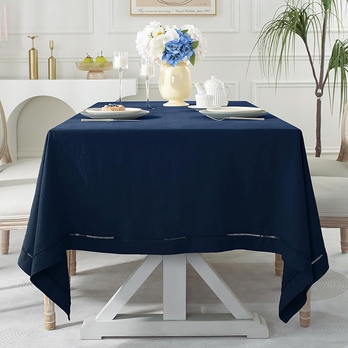 Linen World Hemstitch Linen Tablecloth,French Linen Navy Tablecloth 120" x 60" Inch,Washable Rectangular Table Cloth for Dining,Outdoor,Weddings and Restaurants,Decorative Thanksgiving Christmas