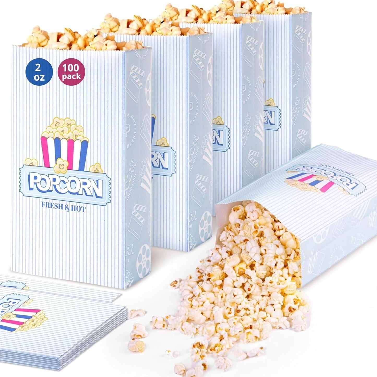 Upgrade Paper Popcorn Bags Flat Bottom 2 oz 100 psc - Vintage Style Individual Servings Bulk - Large Popcorn Bags for Party Home Movie Night Carnival - Disposable Popcorn Machine Supplies