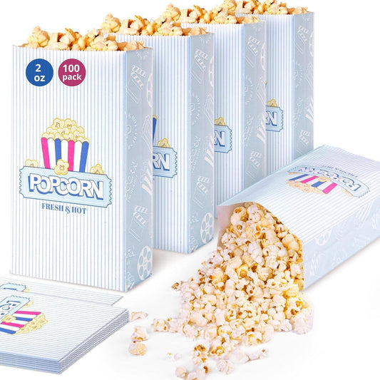 Upgrade Paper Popcorn Bags Flat Bottom 2 oz 100 psc - Vintage Style Individual Servings Bulk - Large Popcorn Bags for Party Home Movie Night Carnival - Disposable Popcorn Machine Supplies