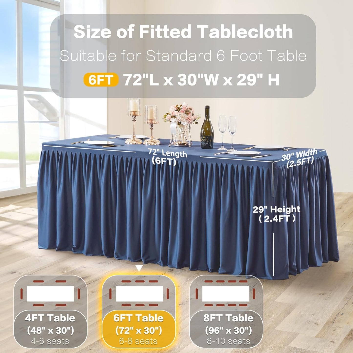 Navy Blue Table Clothes for Rectangle Tables 6ft, Wrinkle Resistant Fitted Table Cloth with Pleated Ruffle Skirts for Banquet Wedding Baby Shower Folding Tables