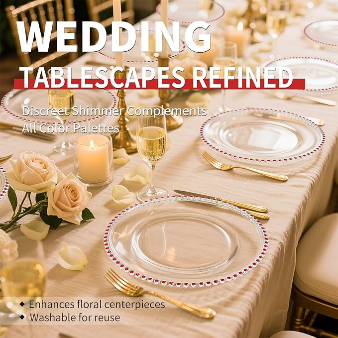 12 Pack Clear Charger Plates Bulk Wedding, 13 Inch Plastic Round Dinner Chargers with Red Beaded Rim, Acrylic Round Decorative Plates for Wedding Party Home and Tabletop Decor (Red)