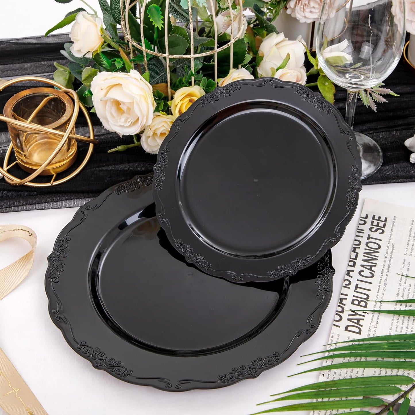 U-QE 100PCS Black Plastic Plates - Heavy Duty Halloween Disposable Plates Including 50PCS 10'' Dinner & 50PCS 7.5'' Dessert Plates - Hard Plastic Plate for Halloween & Party & Wedding