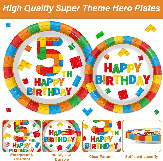 96 Pcs Building Blocks 5th Birthday Paper Plates and Napkins Building Bricks 5th Happy Birthday Tableware Set Brick Theme Party Disposable Plates Set for Boys Kids 5 Years Old Party Decorations