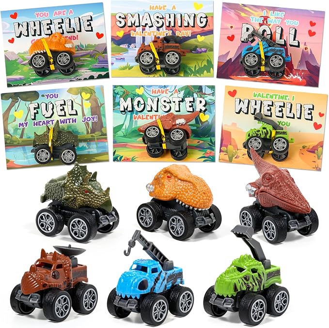 Valentines Day Cards for Kids School - 24 Pack Pull Back Monster Dinosaur Truck Toys with Cards, Valentines Day Gifts for Kids, Valentines Classroom Exchange Prizes, School Party Favor Toys