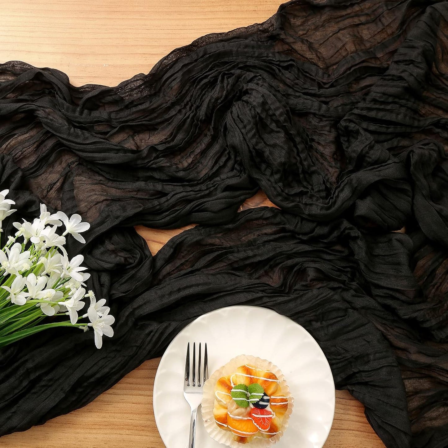 DOLOPL Black Halloween Cheesecloth Table Runner for Halloween Decorations 13.3ft Gauze Cheese Cloth Table Runner Rustic Sheer Runner 160inch Long for Wedding Baby Shower Birthday Table Decorations