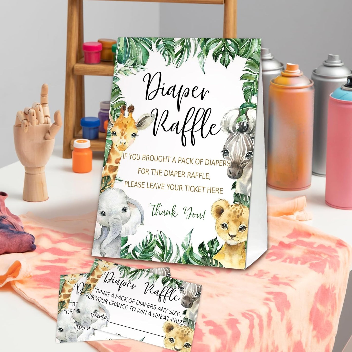 Jungle Animals Diaper Raffle Tickets for Baby Shower Game, 1 Standing Sign(5 * 7 Inch) & 50 Guessing Cards for Baby Shower Party Decoration, C1