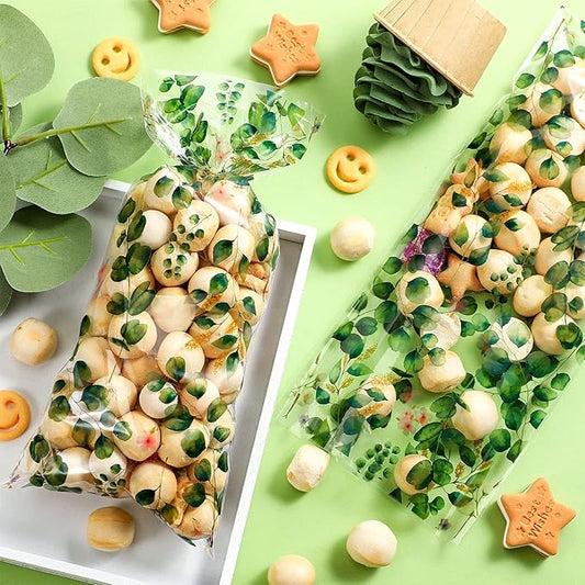 Outus 100 Pieces Eucalyptus Cellophane Party Treat Bag Sage Green Leaf Candy Bags for Baby Shower Wedding Bridal Shower Supplies Favors Decorations Birthday Theme Floral Decor