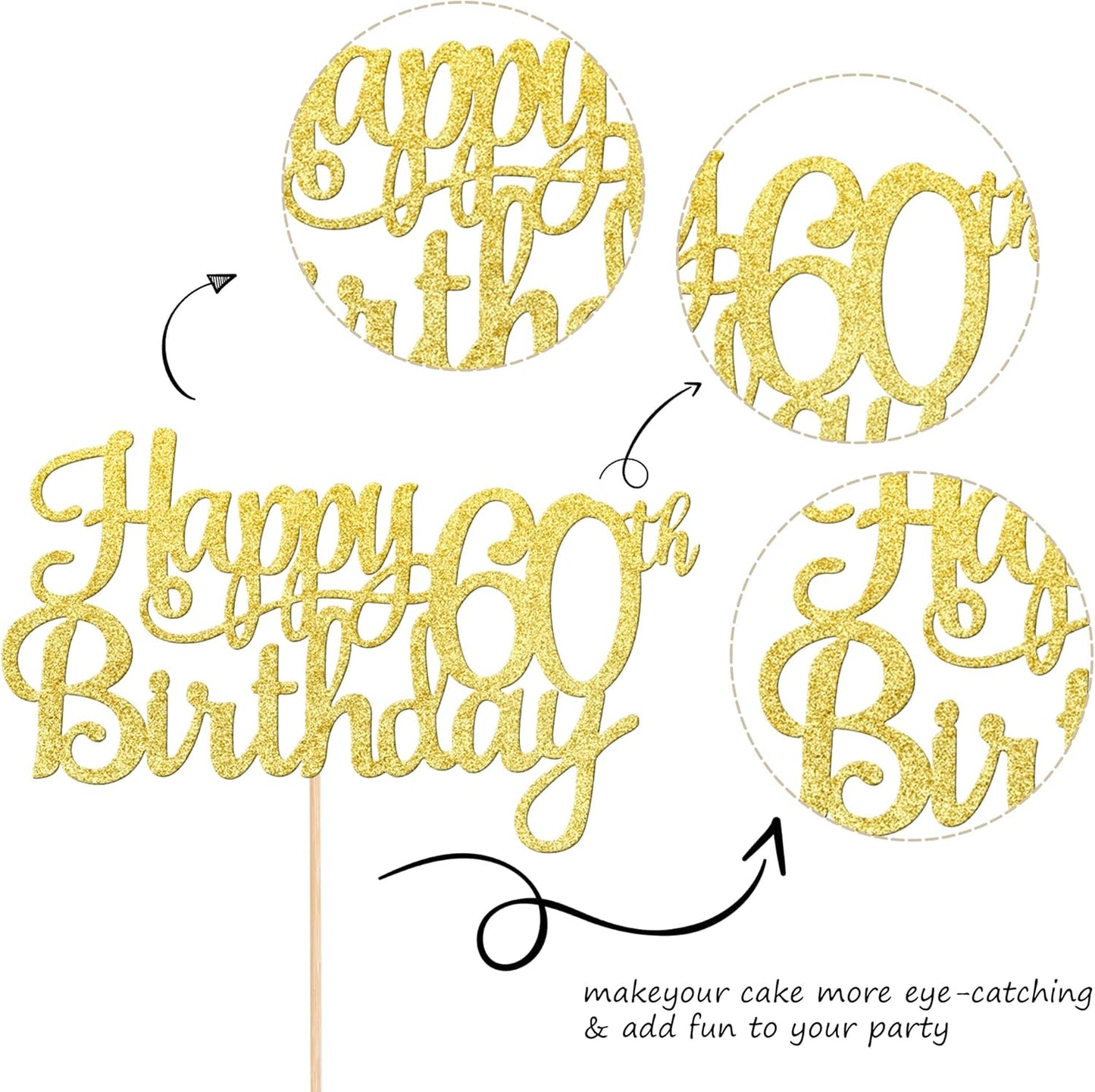 1 PCS Happy 60th Birthday Cake Topper Gold Glitter Cheers to 60 Years Birthday Cake Pick 60 Fabulous Cake Decoration for Happy 60th Birthday Anniversary Party Decorations Supplies