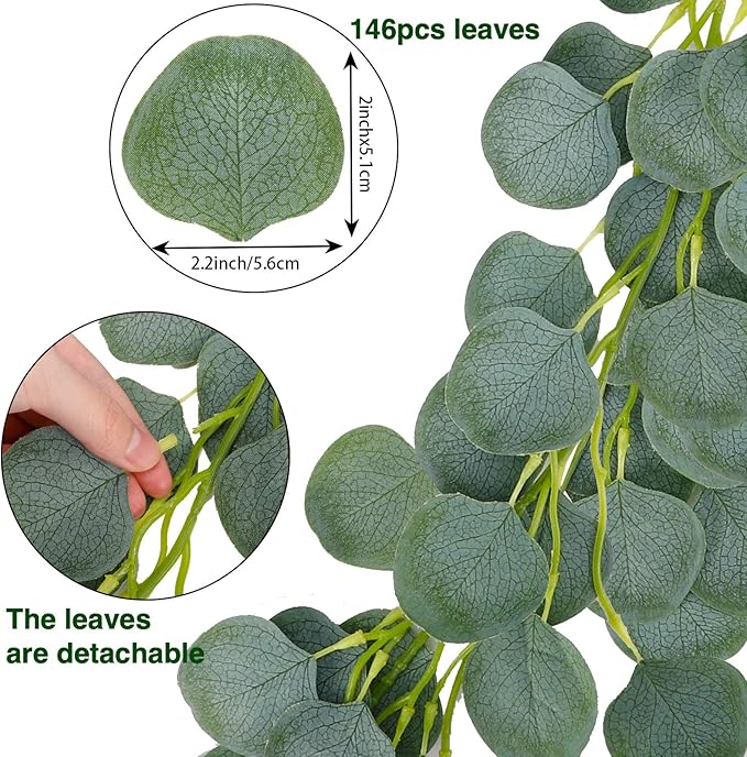 Ageomet 2 Packs Artificial Eucalyptus Garland Greenery, Faux Eucalyptus Vines Silver Dollar Eucalyptus Leaves Mantle Garland for Wedding Backdrop Fireplace Table Decor