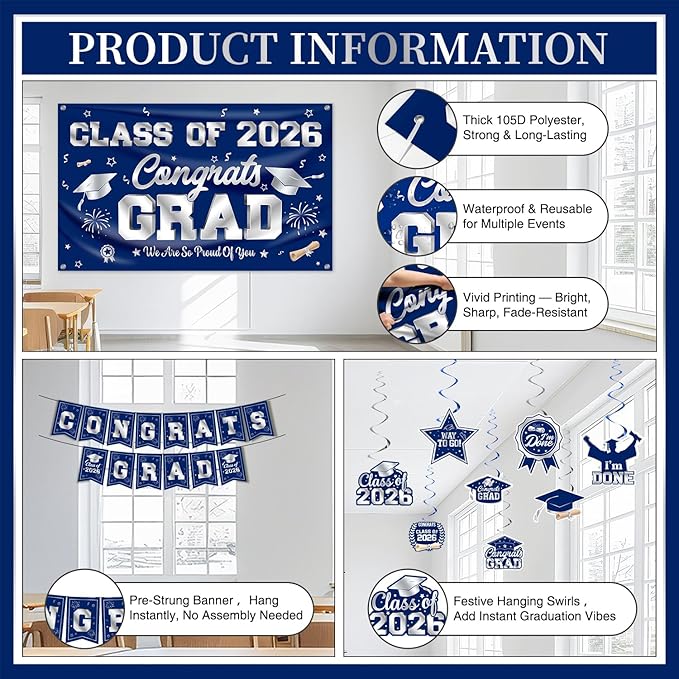 Graduation Decorations Class of 2026 Blue and Silver Graduation Party Decor Set include Congrats Grad Banner Backdrop Class of 2026 Balloons Party Supplies