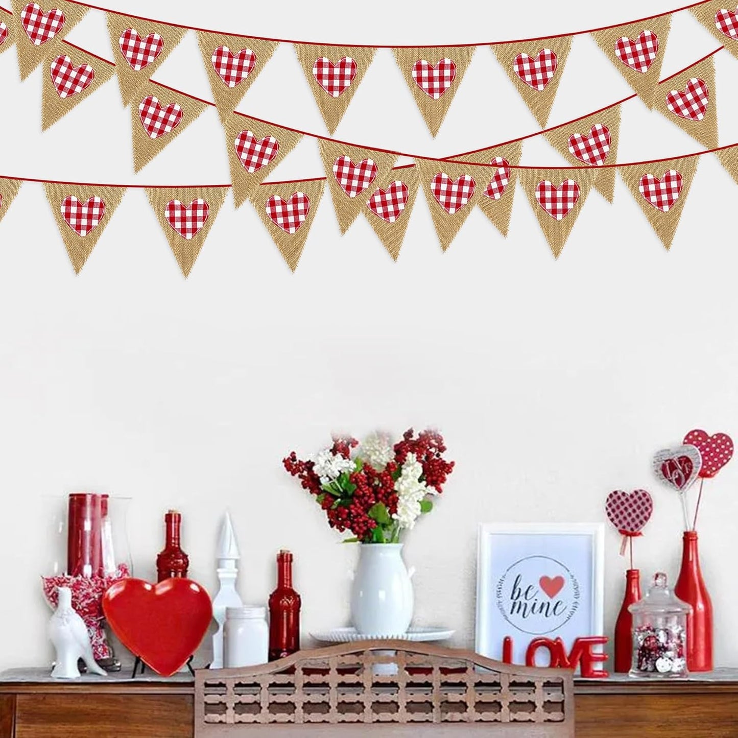 24Ft Valentine's Day Burlap Banner Red Heart Burlap Pennant Triangle Flag Garland Streamers Vintage Fireplace Wall Hanging for Valentines Wedding Birthday Anniversary Engagement Party Decorations