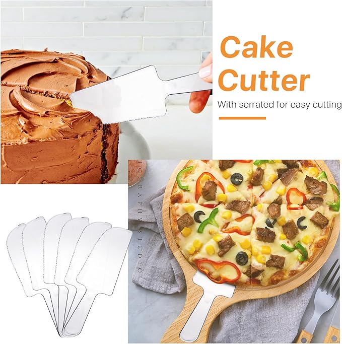 Boocalny 24 Pcs Plastic Serving Utensils, Clear Disposable Utensils,6 Pcs Each 9.7" Serving Spoons, 9.7" Forks, 6.3" Tongs and 7" Cake Cutter,Plastic Buffet Cutlery Set for Serving Food Birthday Party
