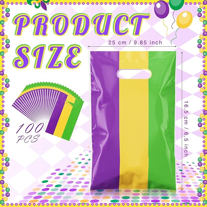 Frienda 100 Pcs Mardi Gras Plastic Gift Bags with Handles 9.84''x6.5'' Purple Yellow Green Plastic Candy Goodies Treat Favors for Event Mardi Gras Carnival Birthday Party Gift Wrapping Supplies