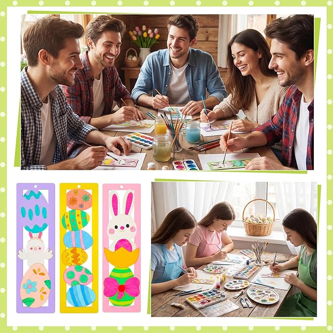 Yexiya 100 Pcs/50 Set Easter Wooden Bookmarks DIY Craft Kit, Bunny Egg Flower Bookmark Art Set for Book Lovers, Easter Birthday Party Holiday Gifts Art Project