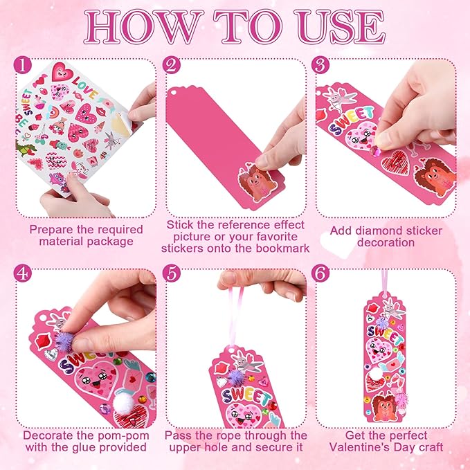 Frienda 48 Sets Valentine DIY Bookmarks Craft Kit Valentine Decorations Art Sets Blank Foam with Smile Face Hearts Owl Alphabets Stickers Pom-poms for Activity Reading Gift Exchange