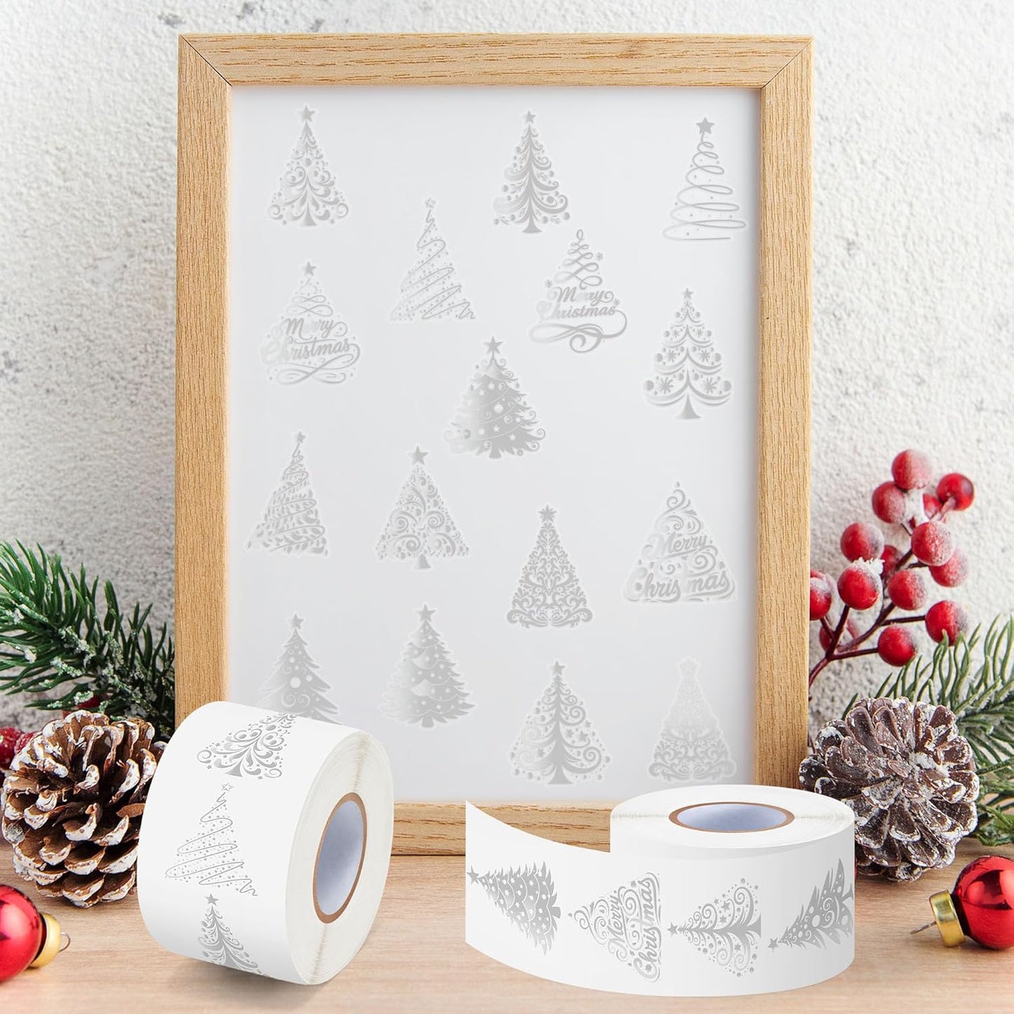 Foil Christmas Tree Stickers - 2 Rolls 16 Designs Easy Peel Metallic Tree Waterproof Decals for Gift Wrapping, Holiday Cards, Water Bottle Laptop Decor, Kids Crafts & Party Supplies