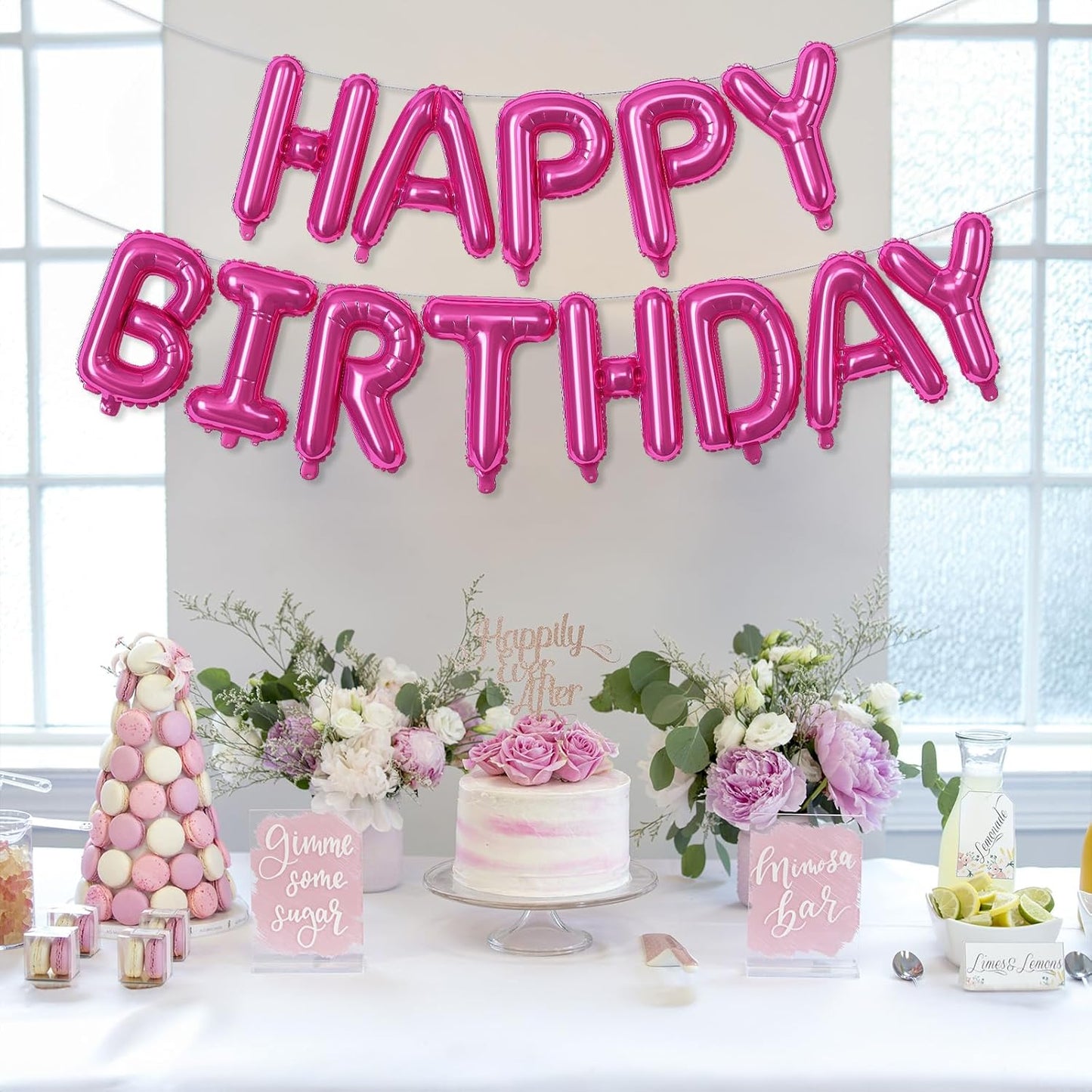 Happy Birthday Balloon Banner - 16 Inch Hot Pink Foil Mylar Sign Bunting Self Inflating Letter Balloons for Girls Women Party Decorations Supplies
