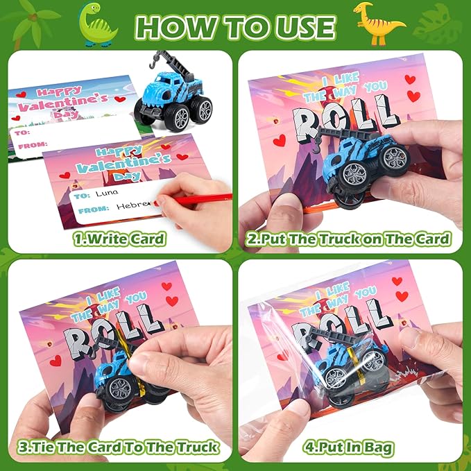 Valentines Day Cards for Kids School - 24 Pack Pull Back Monster Dinosaur Truck Toys with Cards, Valentines Day Gifts for Kids, Valentines Classroom Exchange Prizes, School Party Favor Toys