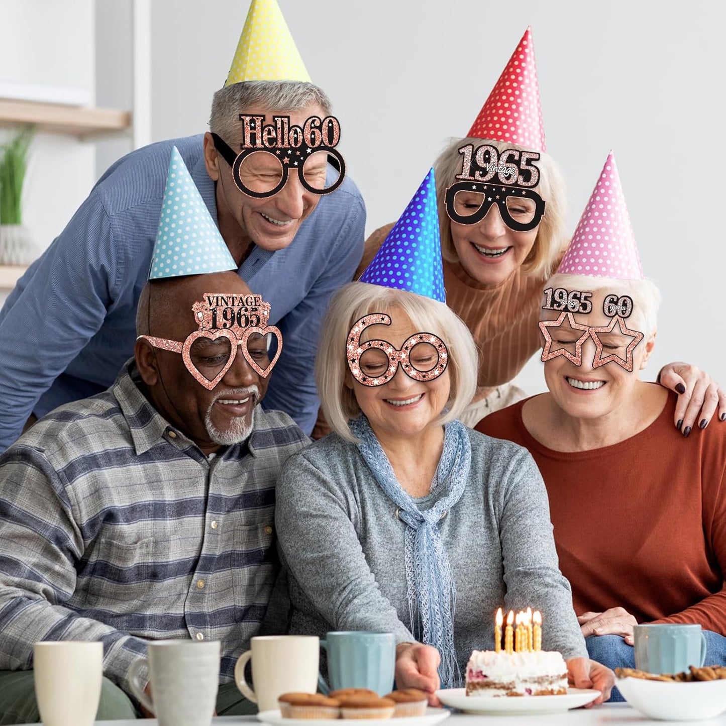 24Pcs 1965 60th Birthday Paper Glasses Decorations for Women - Rose Gold Happy 60th Birthday Paper Eyeglasses Photo Props Gifts, Vintage 1965 60 Years Old Birthday Party Supplies