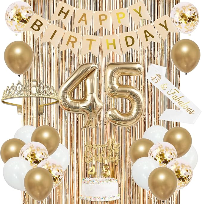 Trgowaul 45th Birthday Decorations for Women, Banner, Sash and Crown, Cake Topper, 45 Number Balloon, Fringe Curtains, Champagne Gold 45th Birthday Party Supplies