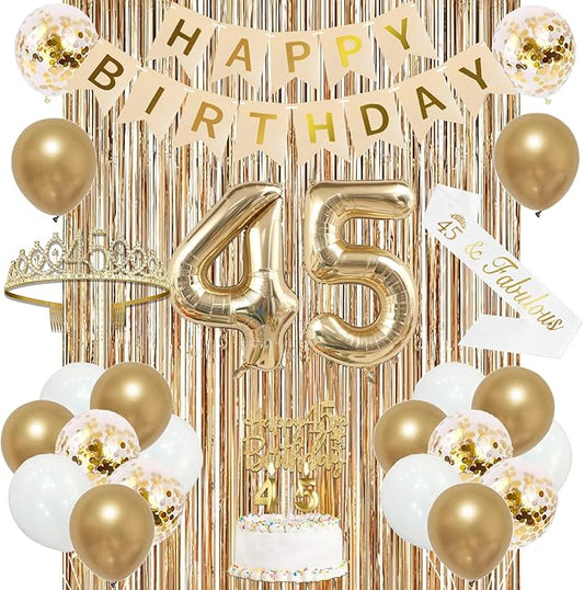 Trgowaul 45th Birthday Decorations for Women, Banner, Sash and Crown, Cake Topper, 45 Number Balloon, Fringe Curtains, Champagne Gold 45th Birthday Party Supplies