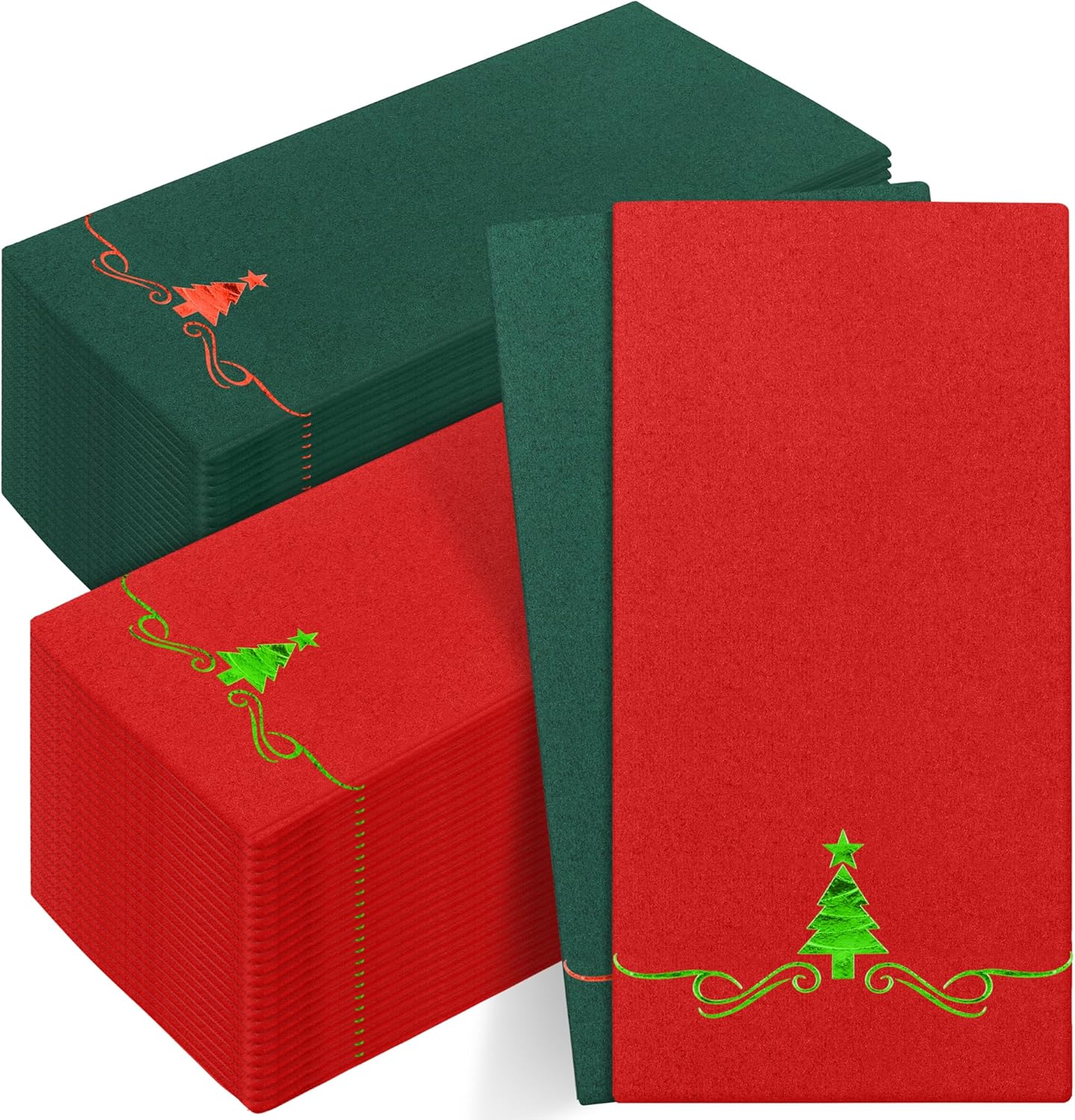 100 Pack Christmas Disposable Guest Napkins 12 x 17 Inch Red and Green Foil Christmas Trees Napkins Xmas Tree Hand Towels for Bathroom Kitchen Weddings Christmas Holiday Party