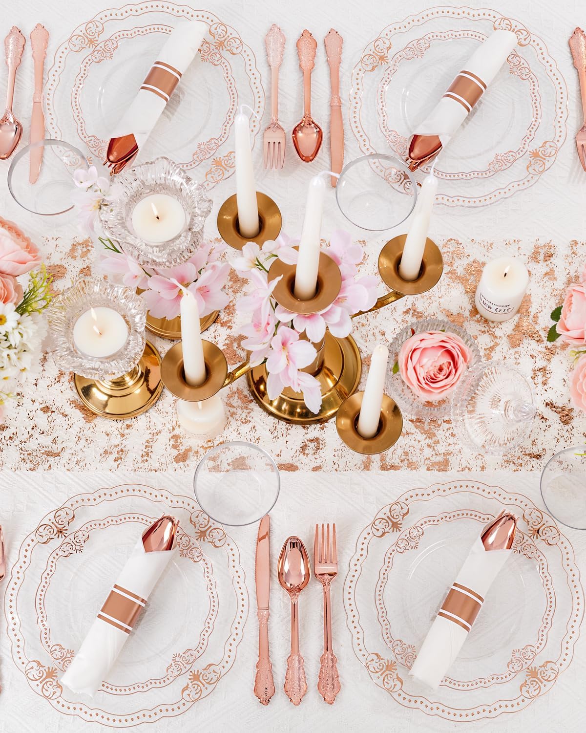Ciaell 350 PCS Rose Gold Plastic Plates - Rose Gold Disposable Plates Dinnerware Include 50 Disposable Plate, 50 Heavy Duty Silverware, 50 Cups, 50 Napkins for Wedding & Party & Anniversary