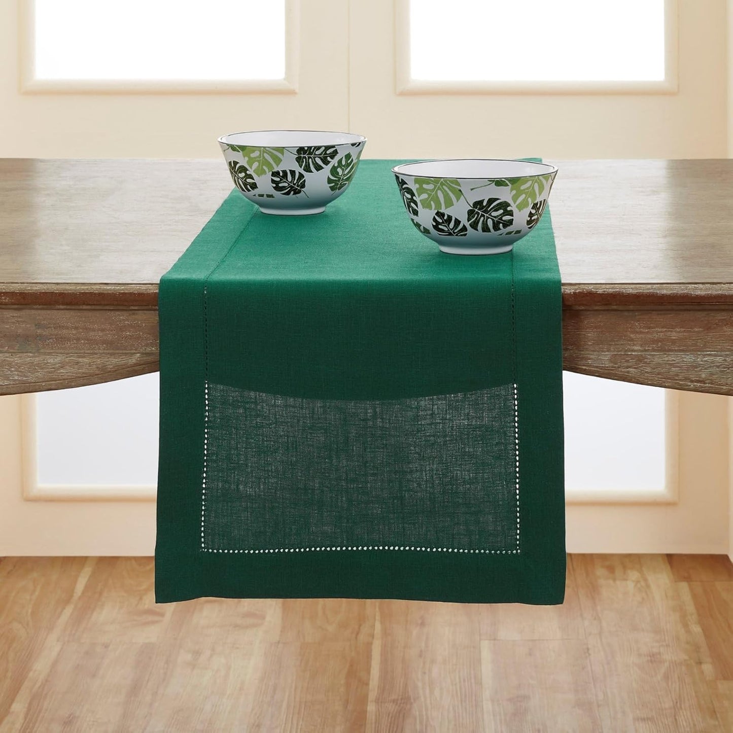 Solino Home Linen Rainforest Green Table Runner 90 Inches Long - 100% Pure Linen Hemstitch 14 x 90 Inch Table Runner for Dining, Fall, Autumn, Thanksgiving, Christmas - Classic Hemstitch