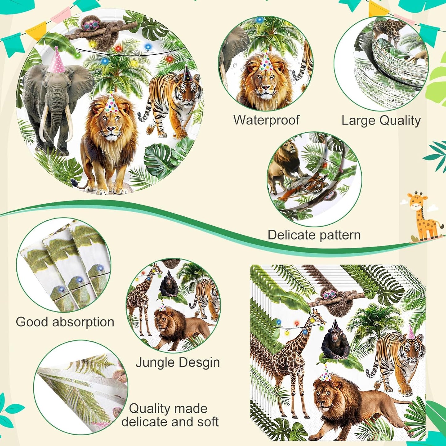452 Pcs Wild Animals Birthday Party Decorations for 50, Jungle Themed Paper Plates Napkins Cups Tablecloth Cutlery Straws Safari Zoo Tableware Set for Baby Shower Gender Reveal Party Supplies