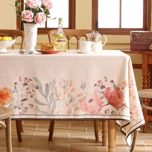 Linen Rectangle Tablecloth,French Vintage Pink Floral Pattern Wrinkle Free Table Cloth,Decorative Table Cover for Kitchen,Dining,Tea Party,Thanksgiving,Christmas,55"*87"-Sloosa