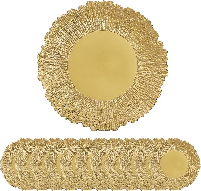 Coloch Set of 12 Plastic Charger Plates, 13" Reusable Reef Serving Chargers for Dinner Plate Round Shiny Decorative Charger Plate for Wedding, Catering, Parties, Christmas, Home Dinner Use (Gold)