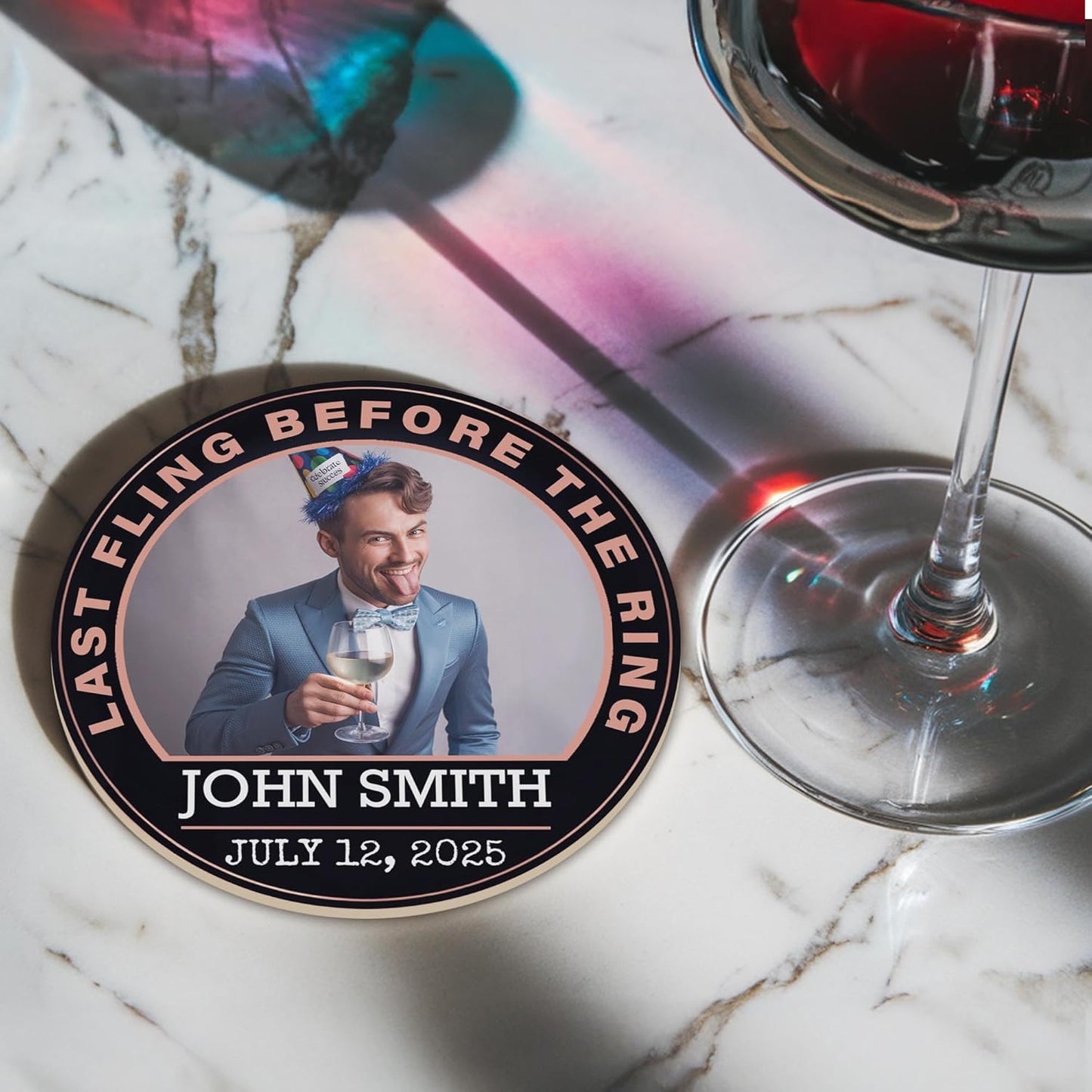 60 Pack Personalized Bachelor Party Coasters, Custom Cardboard Drink Coasters with Photo Print and Text, Fun Bachelor Party Favors and Gifts, 3.95" Round, Design 4