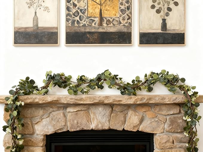 Artificial Eucalyptus Garland Greenery - 6.56FT Realistic Green Leaf Garland for Mantle, Table Decor, Wedding, Home Decoration Hanging Vines