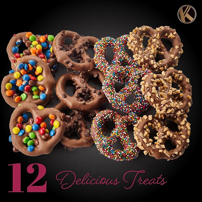 KREMERY Creamy Chocolate Cravings - Halloween Treats For Adults Chocolate Covered Pretzel Twists Gift Basket, in Brown Gift Box (12 Pretzels, Assorted Sweet Toppings) Holiday Xmas Christmas