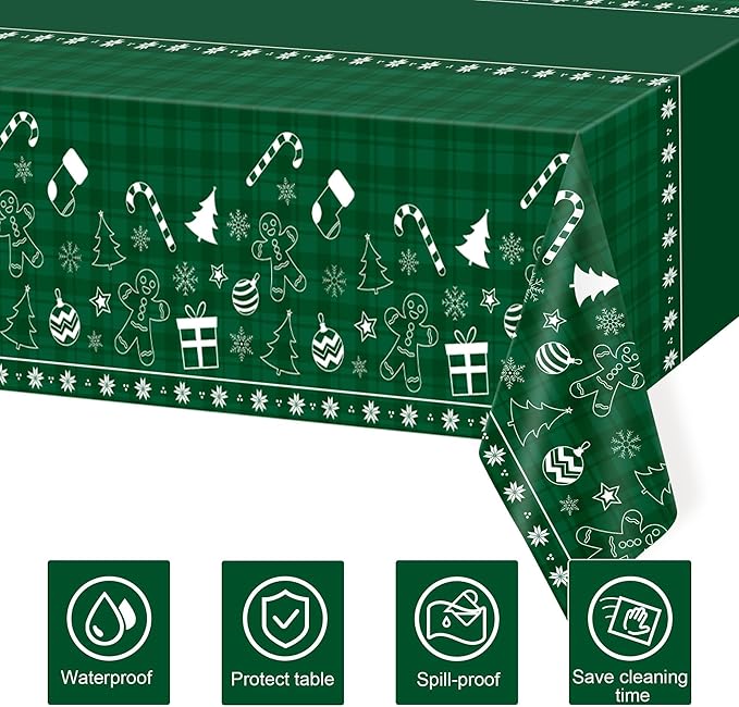 Childom 2 Pack Christmas Tablecloth Disposable,Christmas Decorations,54 x 108 Inch,Plastic Tablecloths for Rectangle Tables,Green Themed Checkered Table Covers for Xmas,Indoor,Outdoor,Birthday,Parties
