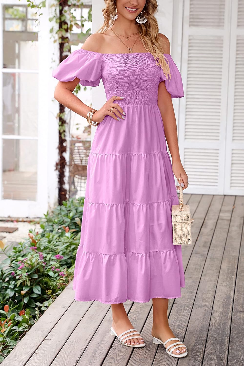 PRETTYGARDEN Women's Casual Summer Midi Dress Puffy Short Sleeve Square Neck Smocked Tiered Ruffle Dresses