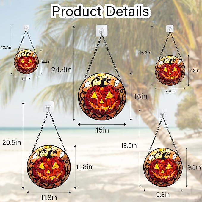 Stained Glass Window Hanging - Halloween Decorations Evil Pumpkin Orange Suncatcher for Doors Garden Indoor Funny Spooky Sun Catchers Gothic Decor Horror Gifts for Women Men Friend 9.8 in